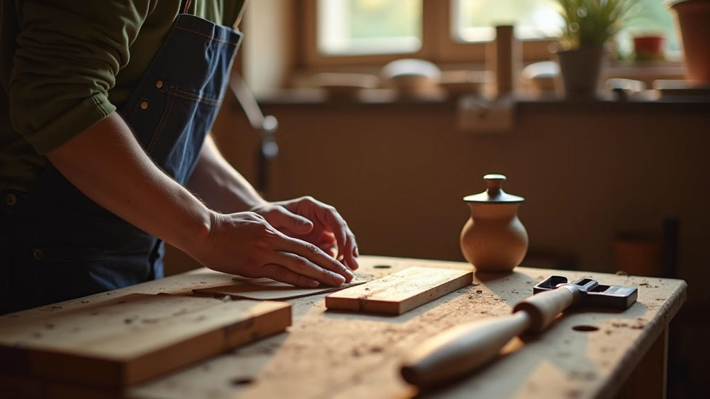 Mani di artigiano che lavora il legno in un laboratorio tradizionale italiano, strumenti vintage, luce naturale dalla finestra
