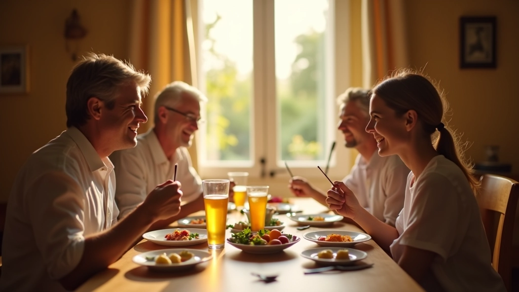 Famiglia italiana che condivide il pranzo intorno a un tavolo rustico, sole che entra dalla finestra, momenti tranquilli di conversazione