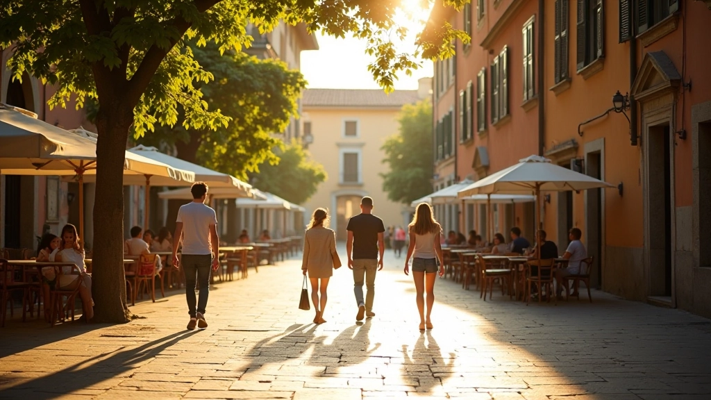 Piazza italiana con persone che passeggiamo tranquille tra alberi e architettura tradizionale, pomeriggio soleggiato