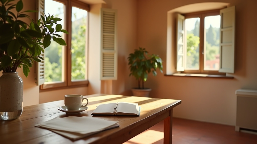 Spazio di lavoro minimalista con vista su paesaggio italiano