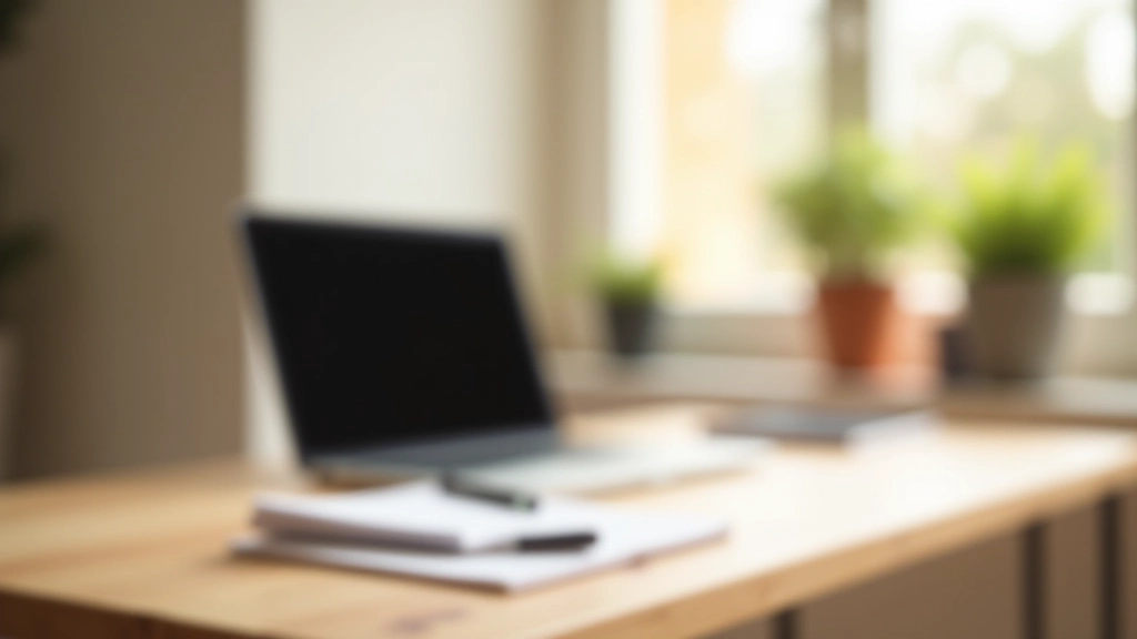 Scrivania ordinata con computer spento, notebook e penna, lampada da tavolo, ambiente minimalista