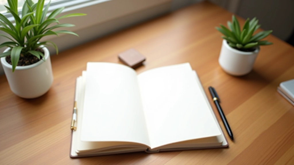 Scrivania minimalista con notebook aperto, penna e pianta verde, finestra con luce naturale, ambiente ordinato