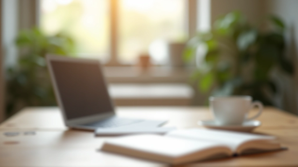 Scrivania moderna con computer, caffè e quaderno in ambiente luminoso, fuoco nitido