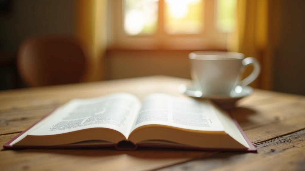 Libro aperto su un tavolo di legno accanto a una tazza di caffè, luce naturale da finestra, ambiente accogliente