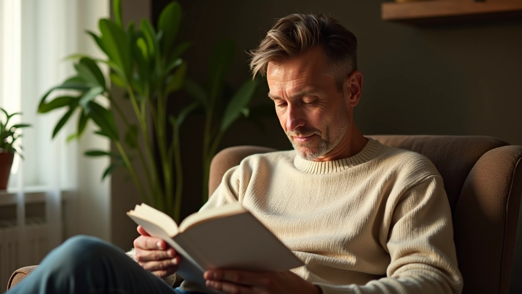 Persona che legge un libro in una poltrona con una pianta verde accanto, illuminazione naturale calda, espressione rilassata
