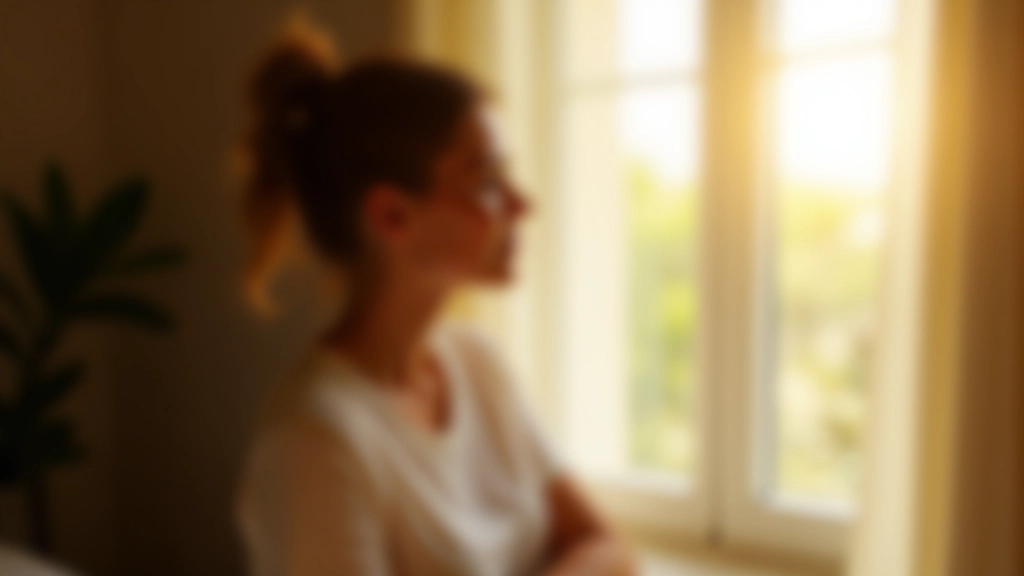 Persona che guarda fuori dalla finestra in una stanza luminosa, sole che entra dalle tende, ambiente tranquillo e sereno