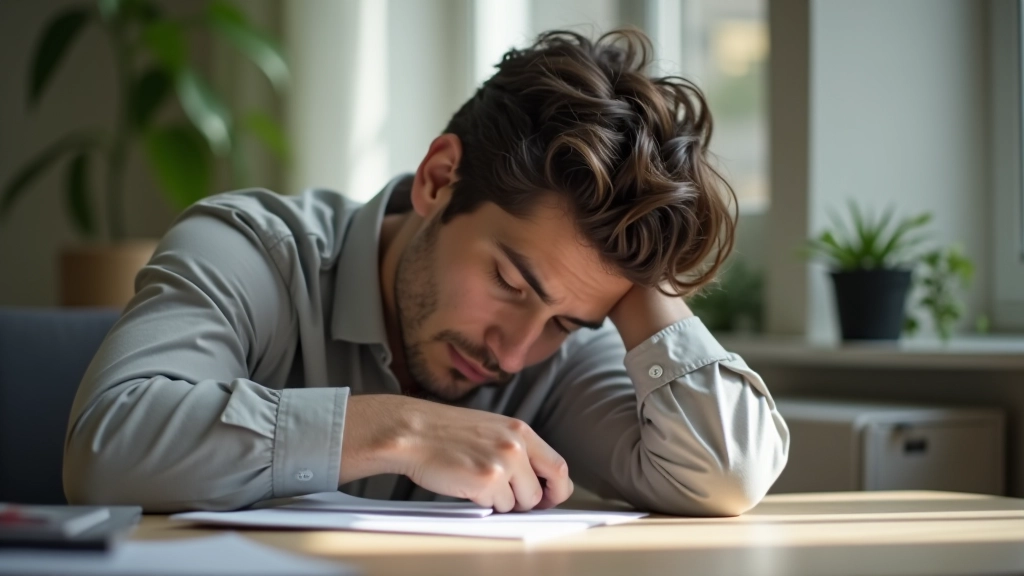 Persona stanca che riposa la testa sulla scrivania con telefono vicino, illuminazione naturale morbida