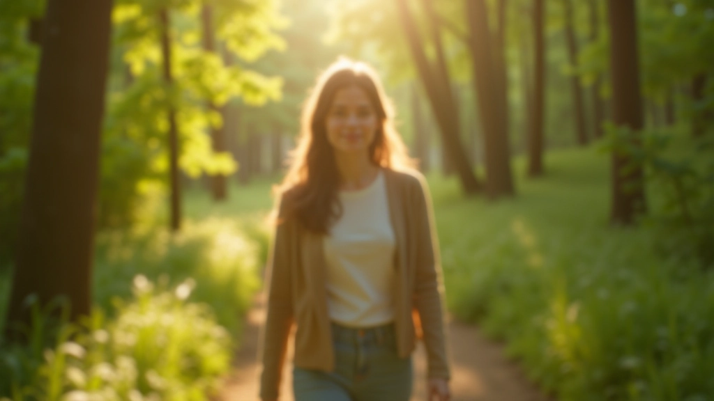 Persona che cammina in natura tra alberi e luce solare, ambiente tranquillo all'aperto