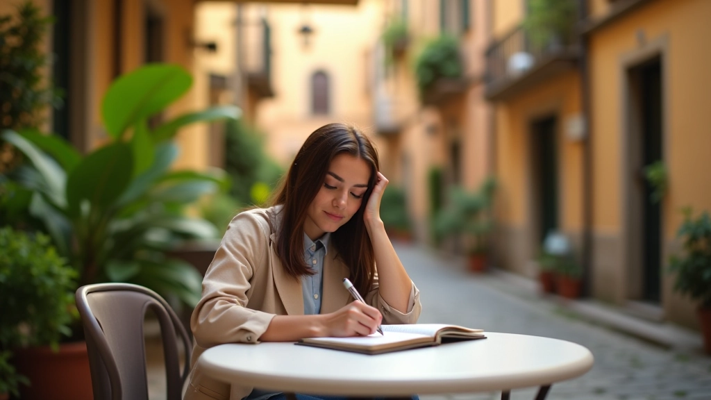 Persona che scrive in un quaderno in un caffè italiano tradizionale, atmosfera tranquilla con piante verdi sullo sfondo