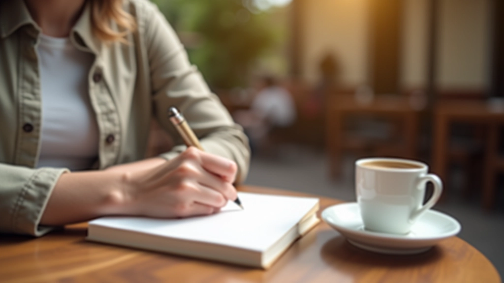 Persona che scrive su un diario in un caffè italiano, caffè caldo vicino, ambiente accogliente e luminoso