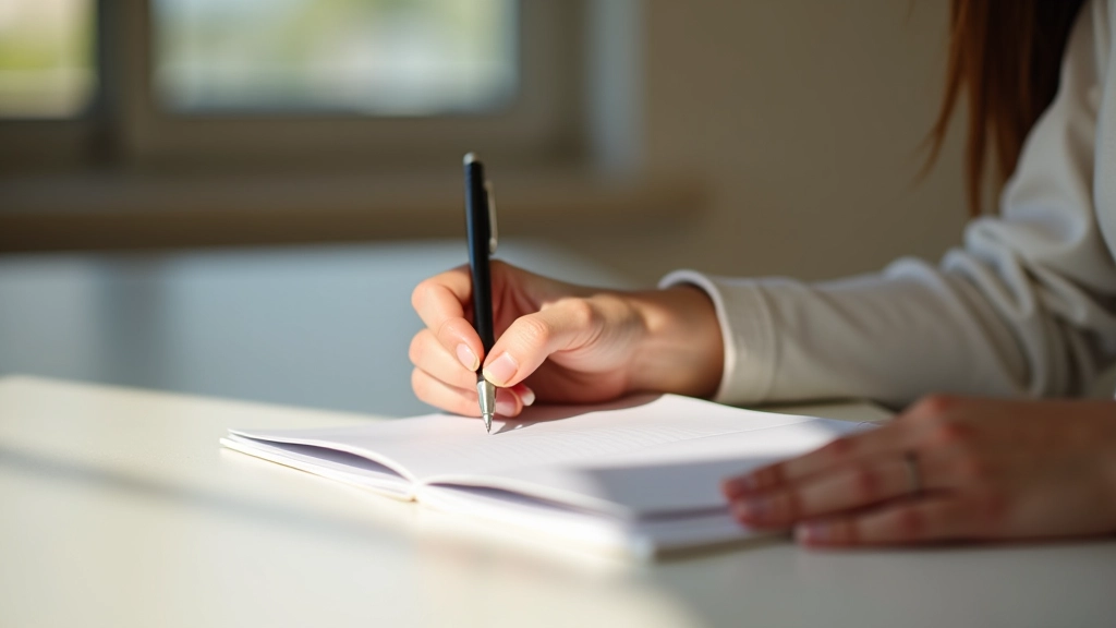 Persona che scrive in un quaderno con una penna stilografica, luce soffusa, tavolo ordinato con oggetti minimalisti