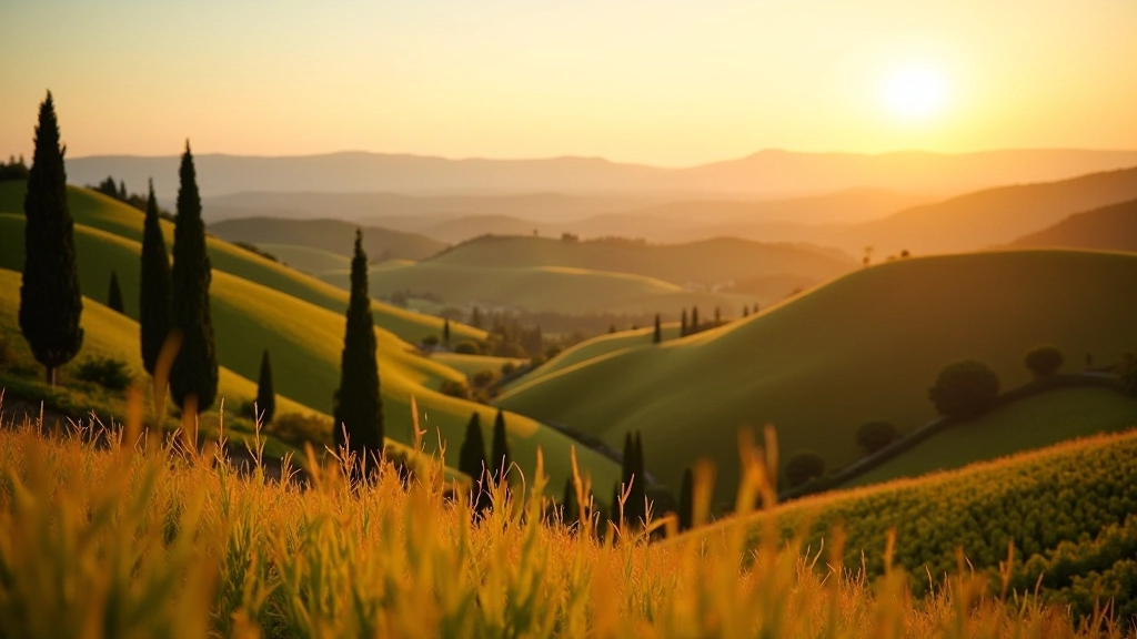 Paesaggio tranquillo della campagna italiana con colline dolci e alberi di cipresso
