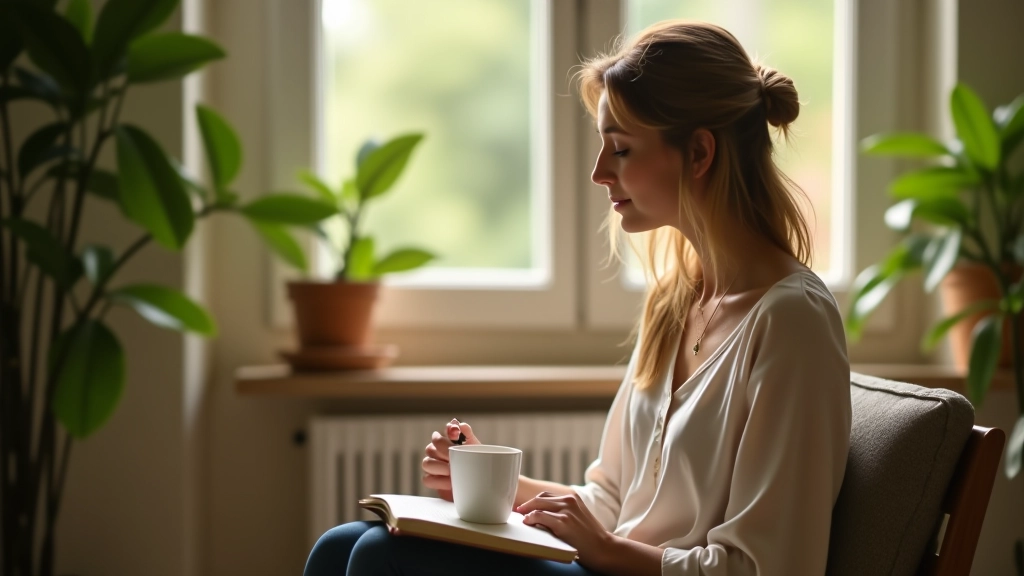 Persona seduta vicino a una finestra con un diario e una tazza di tè, ambiente sereno e luminoso